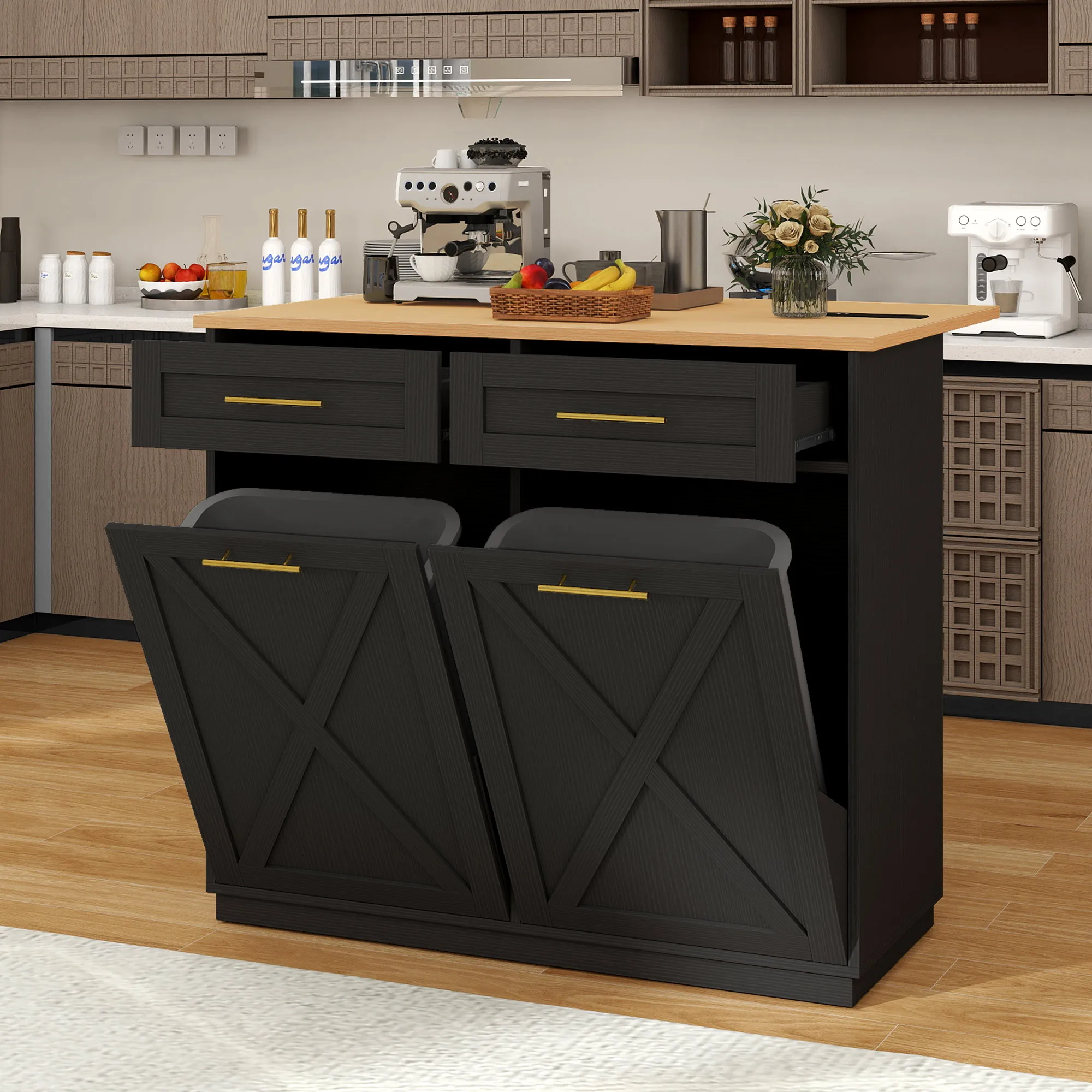 Double Tilt Out Trash Cabinet 10 Gallon with Drop Leaf & Power Outlet, Rolling Kitchen Island Trash