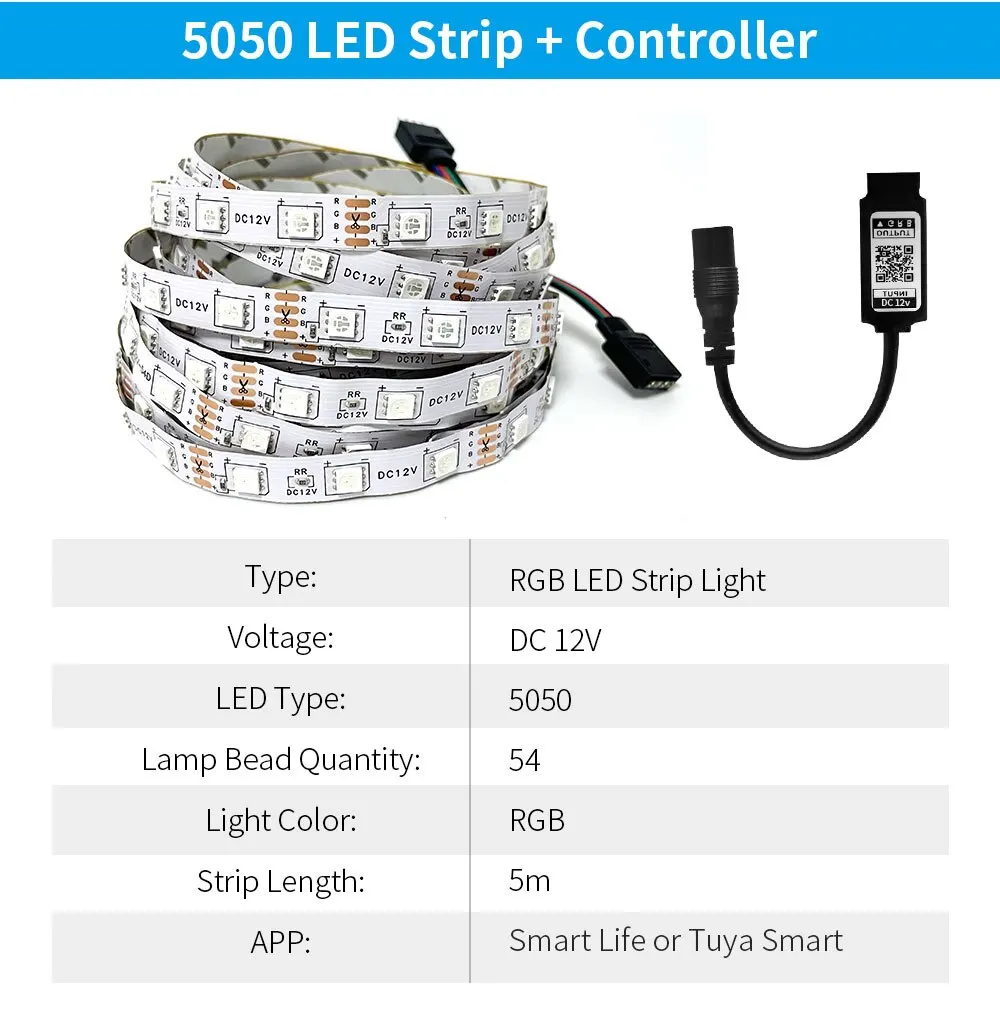 Tuya Smart Life LED Light Strip Bluetooth Control DC12V 5M SMD 5050 54LEDs/M Fle