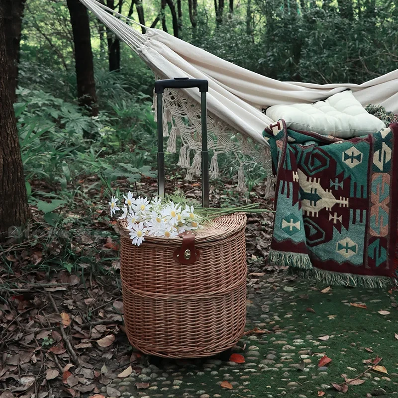 Rattan Weaving Picnic Basket Trolley cart Multifunctional Wheeled Storage Basket with Lid Hand Basket Outdoor Picnic Props 2