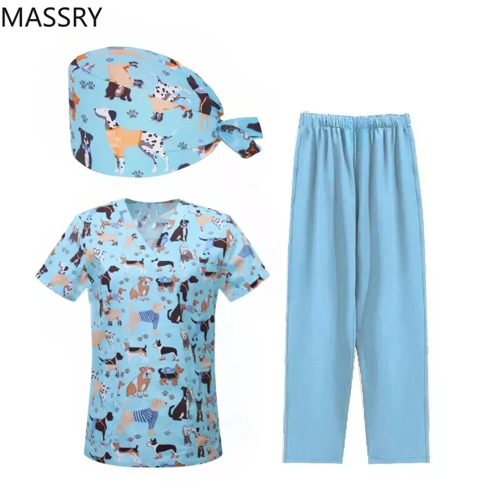 Three-piece Suit Short-Sleeved Pharmacy Nurse Uniform Pet Hospital Doctor Workwear Dental Surgery Uniforms Medical Cartoon Print