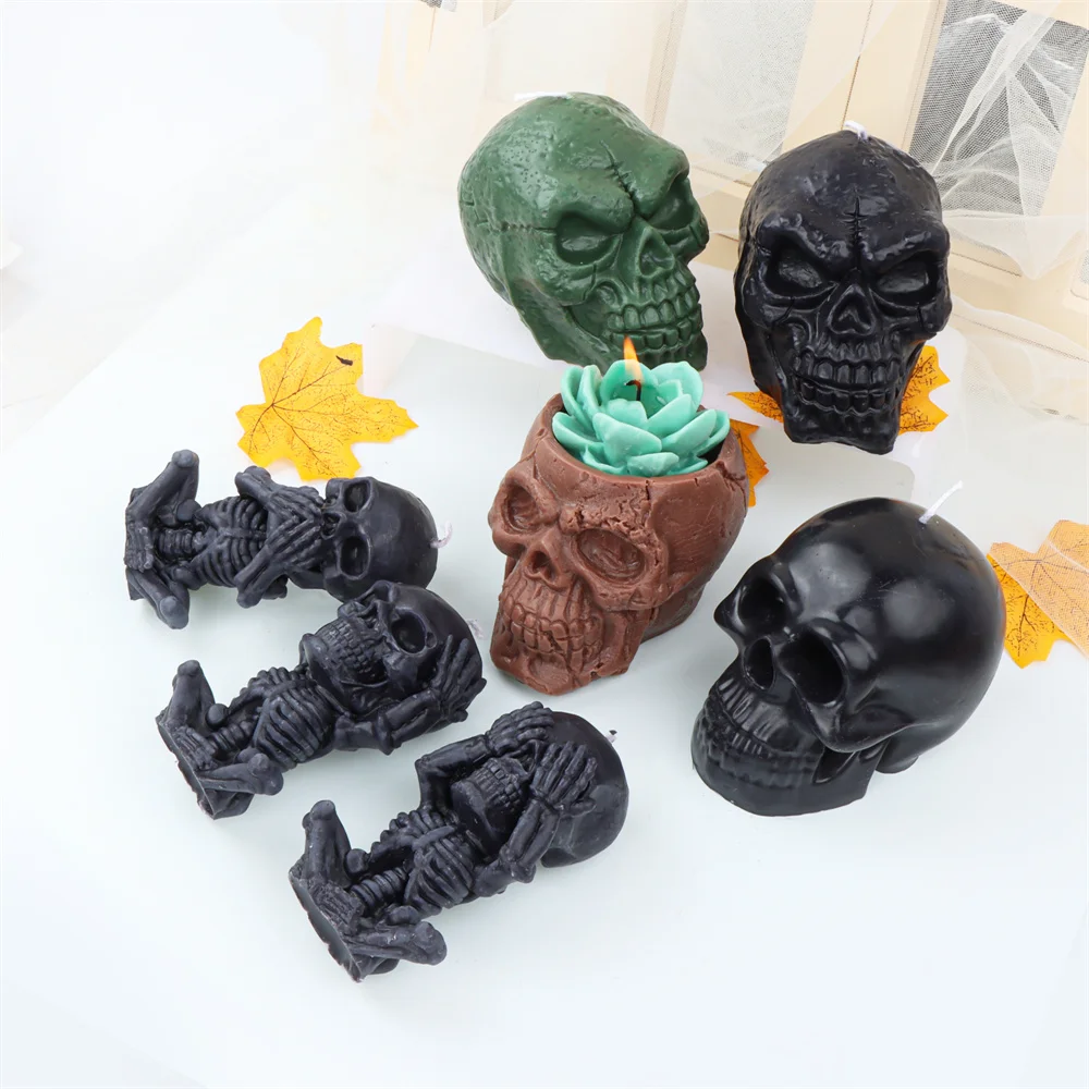 

Creative No See/Say/Hear Skull Silicone Candle Mold Craft Flower Pot Plaster Model Resin Halloween Home Gifts Decoration