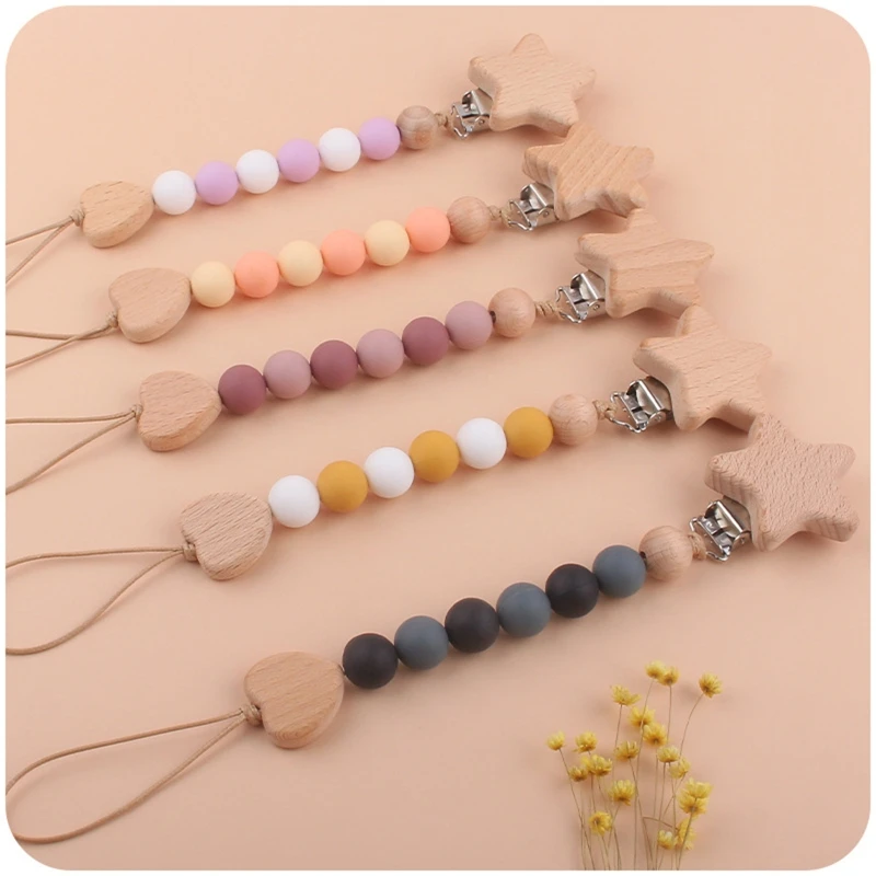 

Wooden Bead Pacifier Clips Silicone Dummy Chain Holder Newborn Soother Nipple for Baby Chew Teething Toy