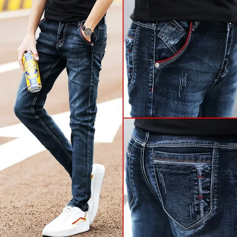 

Spring and Autumn Korean Style Casual Designer Clothes Luxury Men's Slim Jeans with Stretch Autumn Denim Trends Youth Trousers