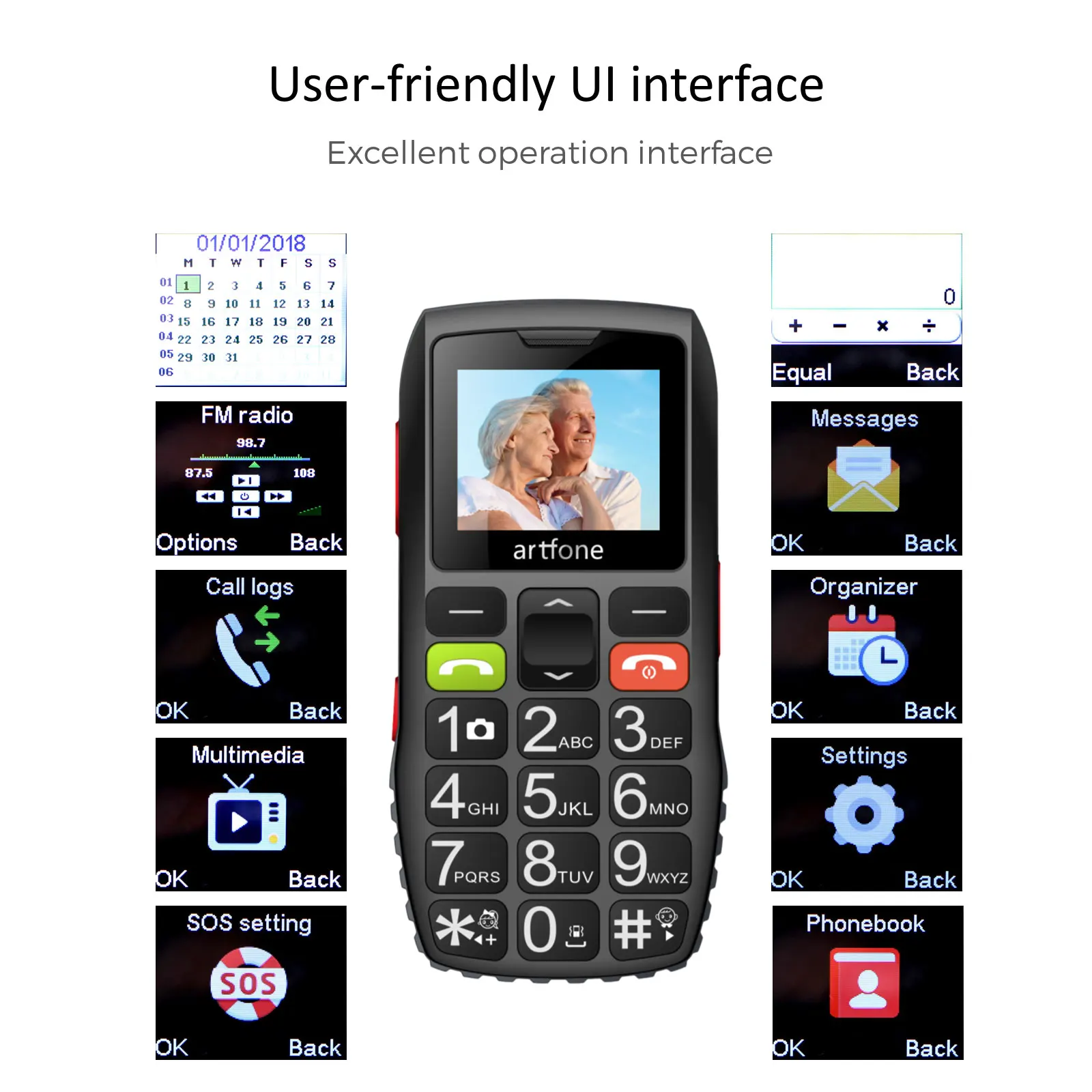 Unlocked Bar Senior Mobile Phone Artfone C1 Elderly Cellphone Dual Sim One Key SOS Emergency Button GSM 2G FM Torch Bluetooth 5