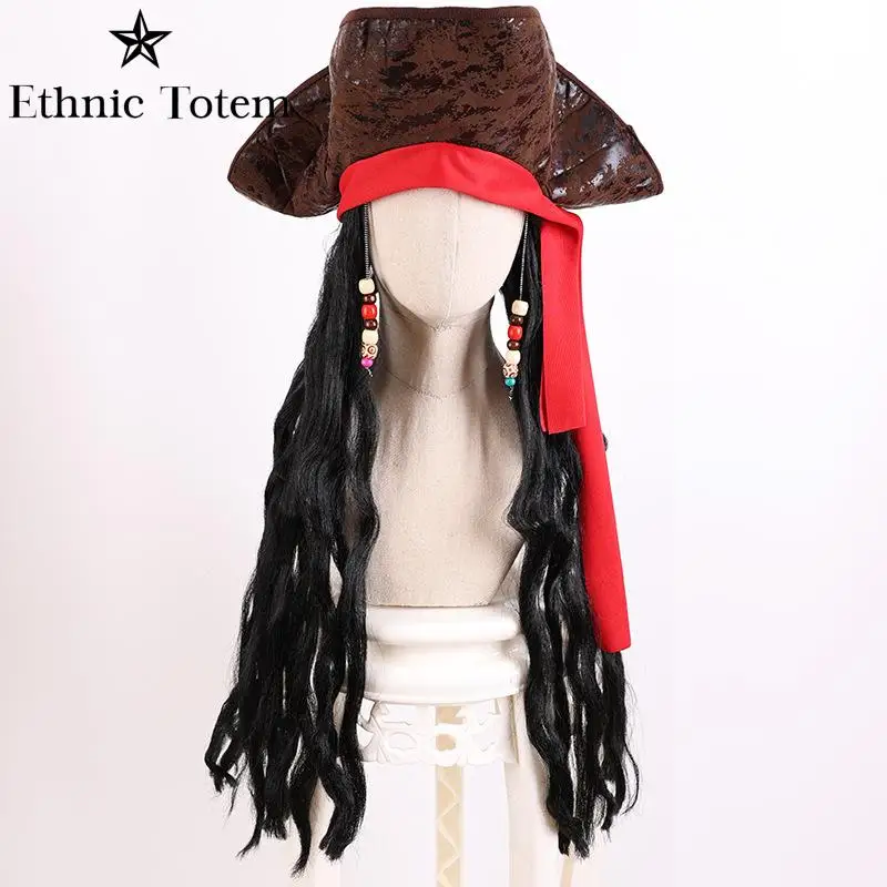 Cosplay Hat Captain Pirate Brown Hat Wig for Adult Jack Sparrow Faux Leather Hats with Hair Halloween Cosplay Costume Props Accessories