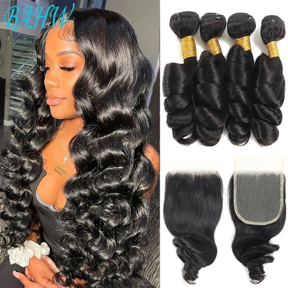 12A Malaysian Loose Wave Hair Bundles With 4x4 Lace Closure Hair Weave 3/4 Bundles With Closure Loose Wave Human Extension