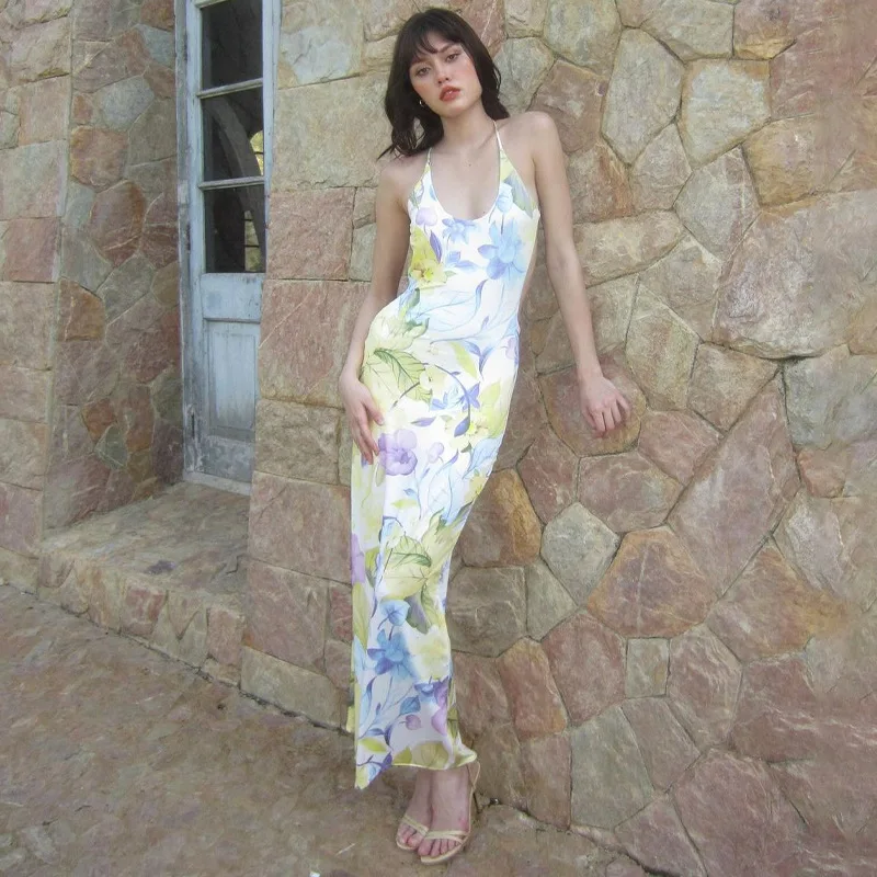Vestido de moda con espalda descubierta y estampado para mujer, estilo vendaje, ajustado, elegante, de fiesta, con cordones, sexy, largo, para verano 2025