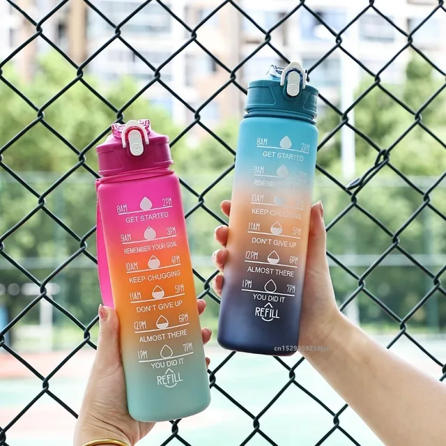 1pc Gradient Sports Water Bottle with Straw & Time Marker for Outdoor Fitness Hiking & Gym Leakproof Travel Water Bottle 2
