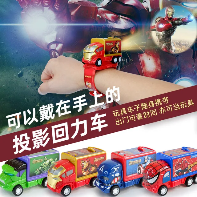 Cartoon Car Spiderman Children Watch Toy Pull Back Car Projection Watch