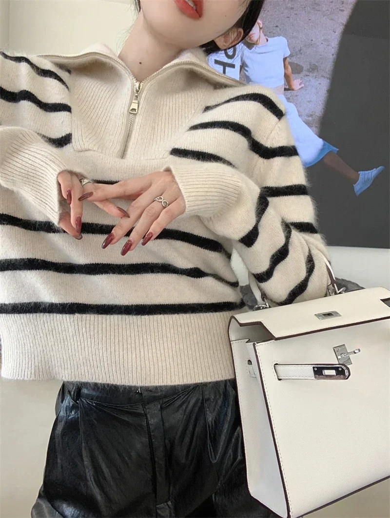 Women's Autumn Winter New Fashion Retro Lapel Half Zipper Contrasting Stripes Sweater Casual Long Sleeved Loose Knitted Coat