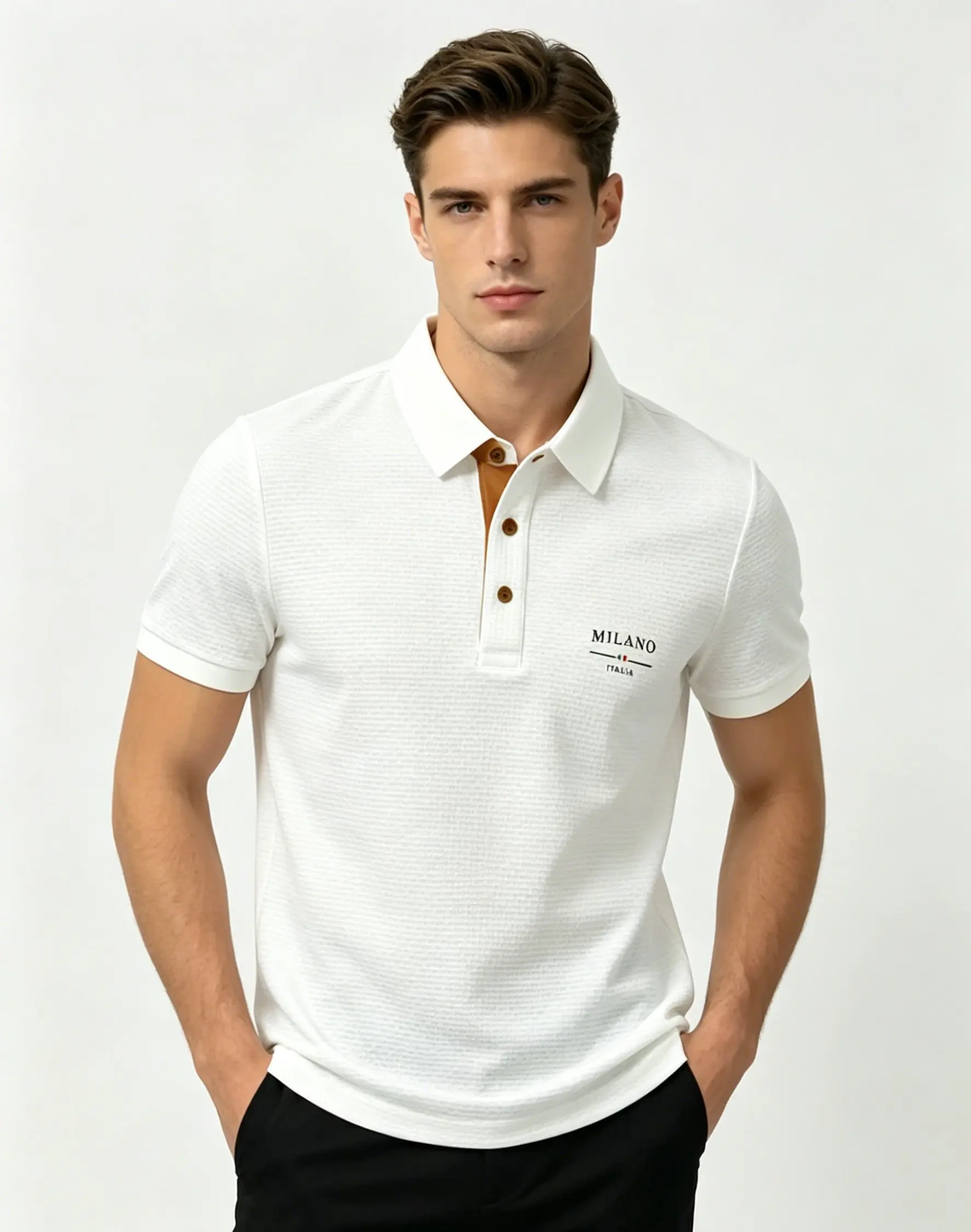 Polo da Uomo Milano Italia con Lettere Jacquard, Tessuto Traspirante ad Asciugatura Rapida, Casual Business per Esterni e Uso Quotidiano, Manica Corta - immagine 2