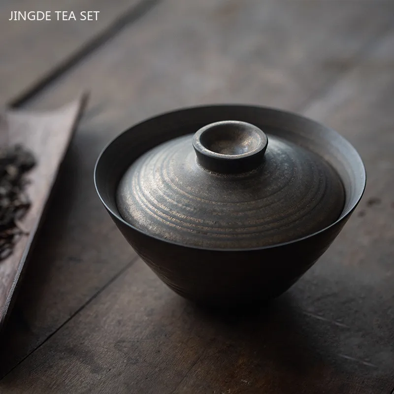 140ml Retro Coarse Pottery Cover Bowl Teacup Tradition Handmade Gaiwan Household Beauty Tea Bowl Chinese Ceramic Tea Infuser
