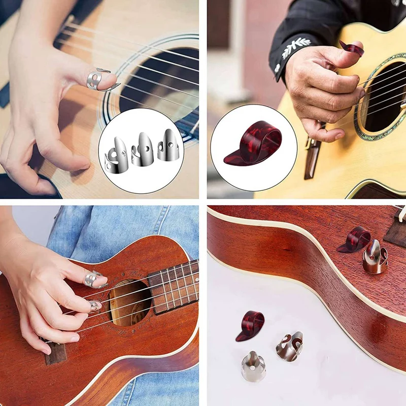 AB31-Adjustable Finger Thumb Picks Set Includes 24Pcs Stainless Steel Finger Picks 12Pcs Plastic Thumb For Guitar Banjo