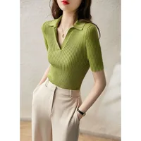 Women's Polo Shirts Slim Knitted Female Tee Plain T-shirts Korean Style Aesthetic Pulovers New Casual Tops Short Sleeve Luxury - Image 2