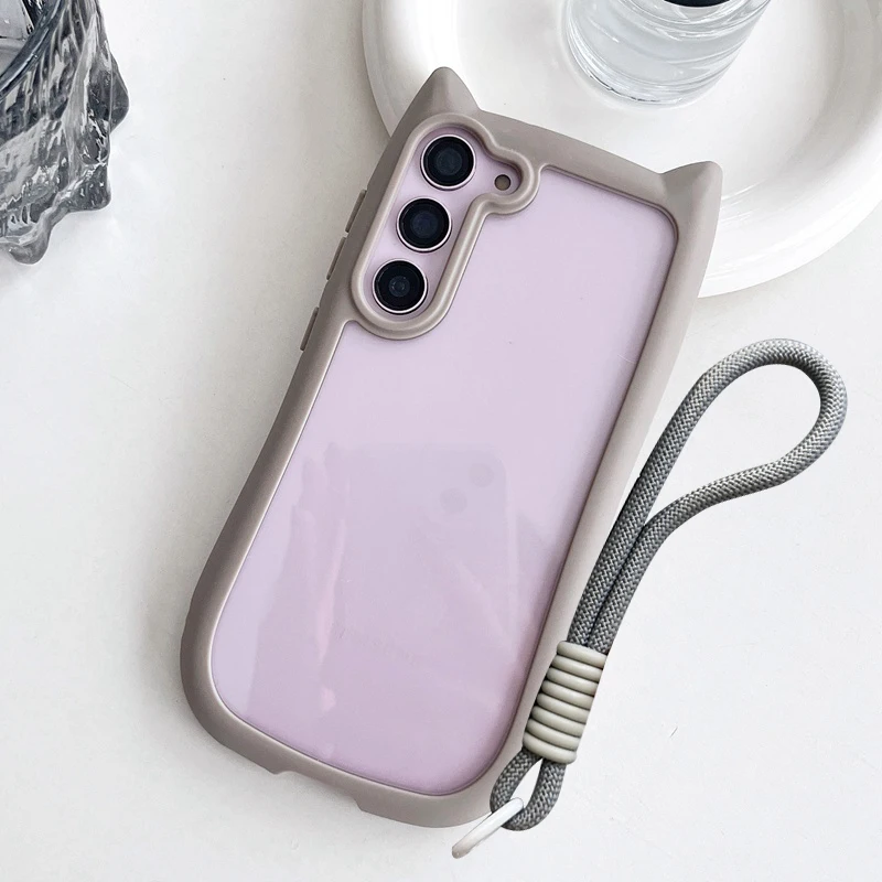 Cute Cat Ear Transparent Case For Samsung Galaxy S26 Ultra S26 S25 S24 S23 Plus S26 EDGE Soft Border Shockproof Cover S26