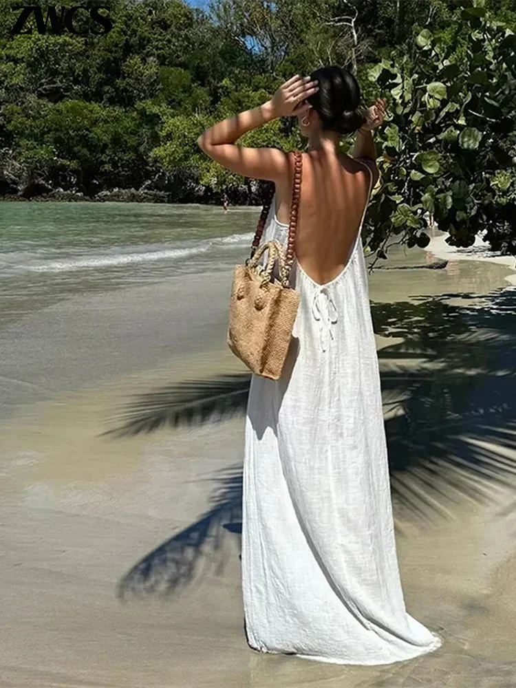 Vestido largo holgado con espalda descubierta y tirantes lisos