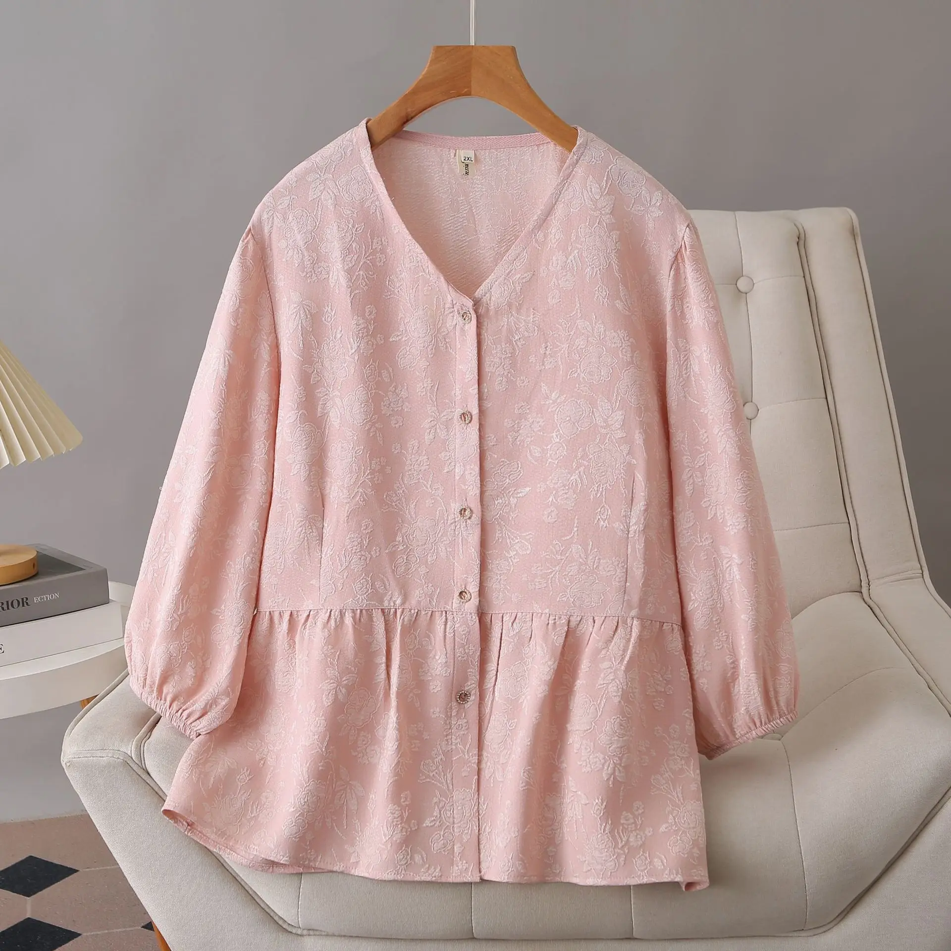 Plus Size Women's Blouses Autumn New Simple And Casual Jacquard Patchwork V-Neck Shirt 1200