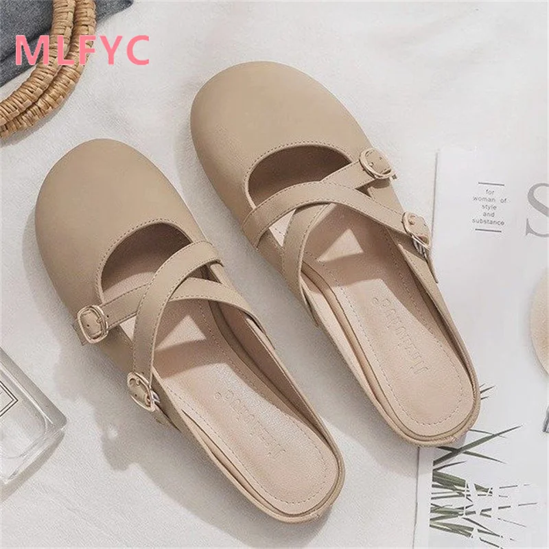 Baotou Half Slippers for Female Outwear 2023 New Summer Retro Art Leisure Lazy Slippers women flat shoes mujer loafers