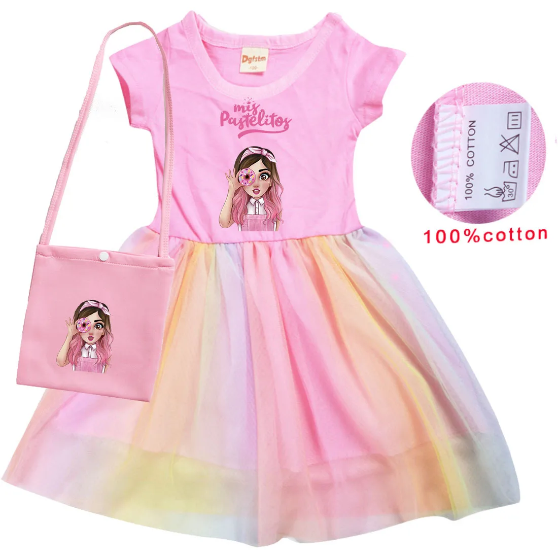 Mis Pastelitos Cartoon Costume Kids Summer Rainbow Dress Girls Wedding Party Princess Vestidos Baby Girl Short Sleeve Dresses