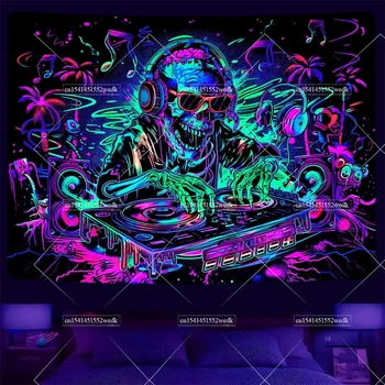 Crâne lumière noire tapisserie UV réactive Trippy Hip Hop DJ squelette tapisserie néon tenture murale chambre décor esthétique fête décors 1