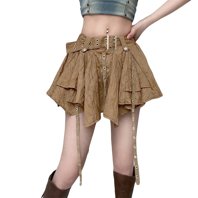 

Female Grunge Streetwear Pleated Mini Skirts Irregular Hem Summer Fall Women Low Waist Layers Ruffles Skirt with Buckle Belt