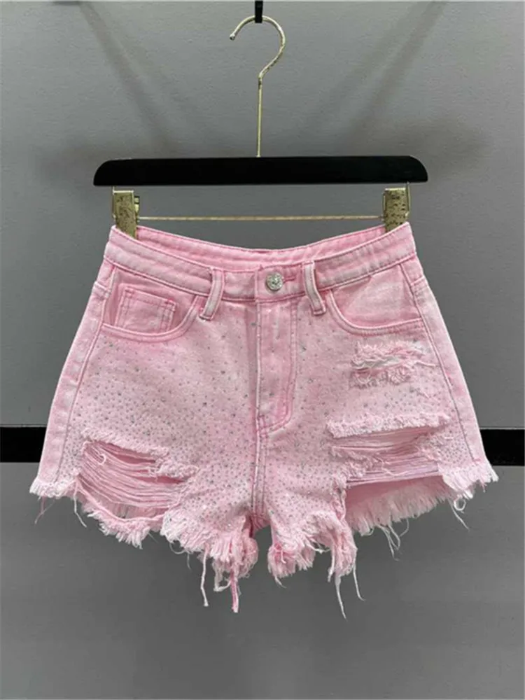 

Heavy Industry Hot Diamond Denim Shorts for Women's 2024 Summer New High Waist Tassel Broken Denim Shorts Holes Pant Female