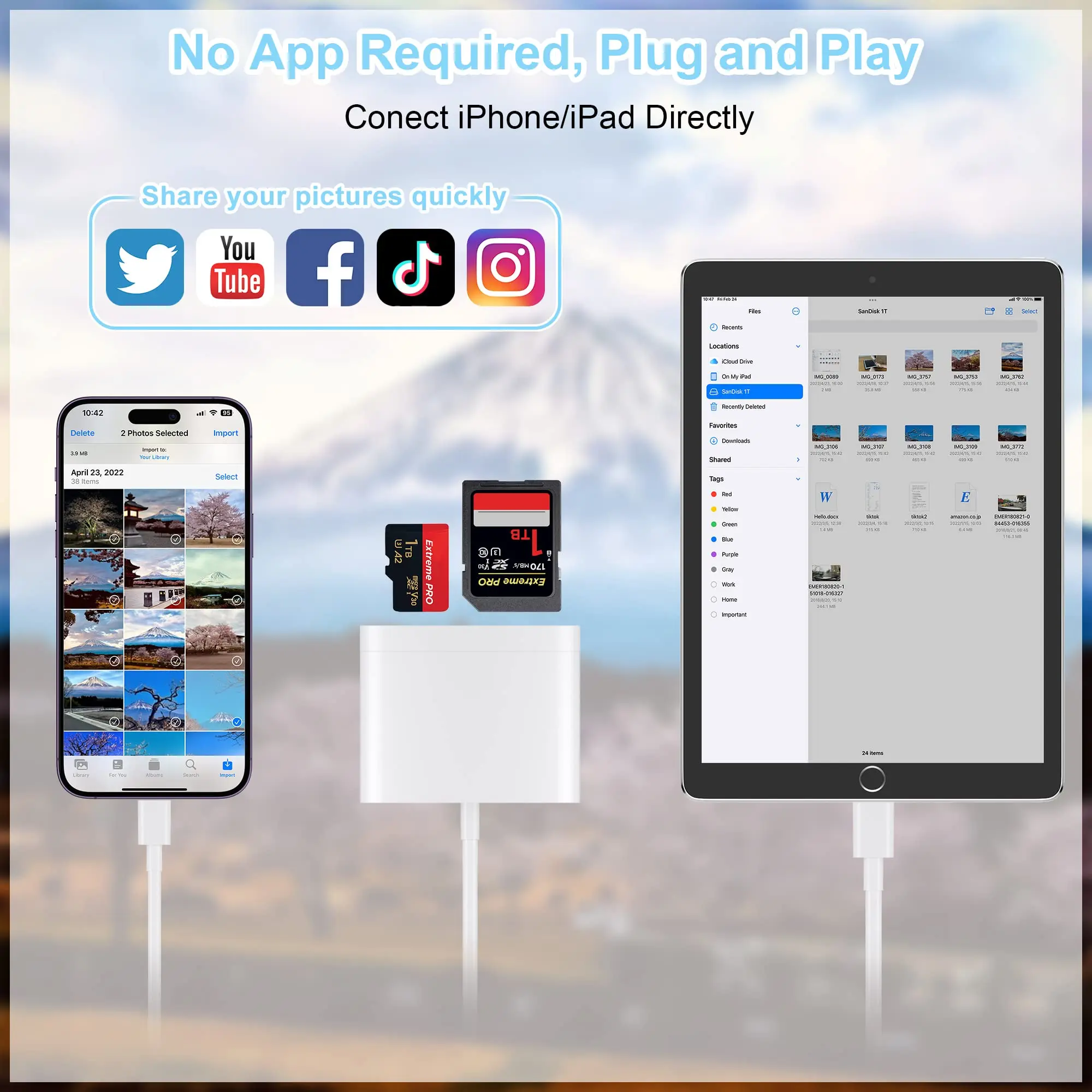 SD Card Reader for iPhone, Memory Card Reader with USB Camera Adapter Plug and Play Trail Game Camera SD Viewer Supports