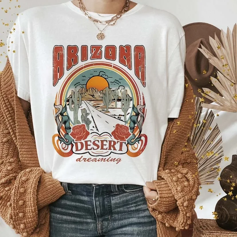 Western Arizona Graphic Shirt Donna Cowgirl Vintage Estetica Tee Cotton Allentato Western Boho Style T-Shirt Abbigliamento Femminile Retrò