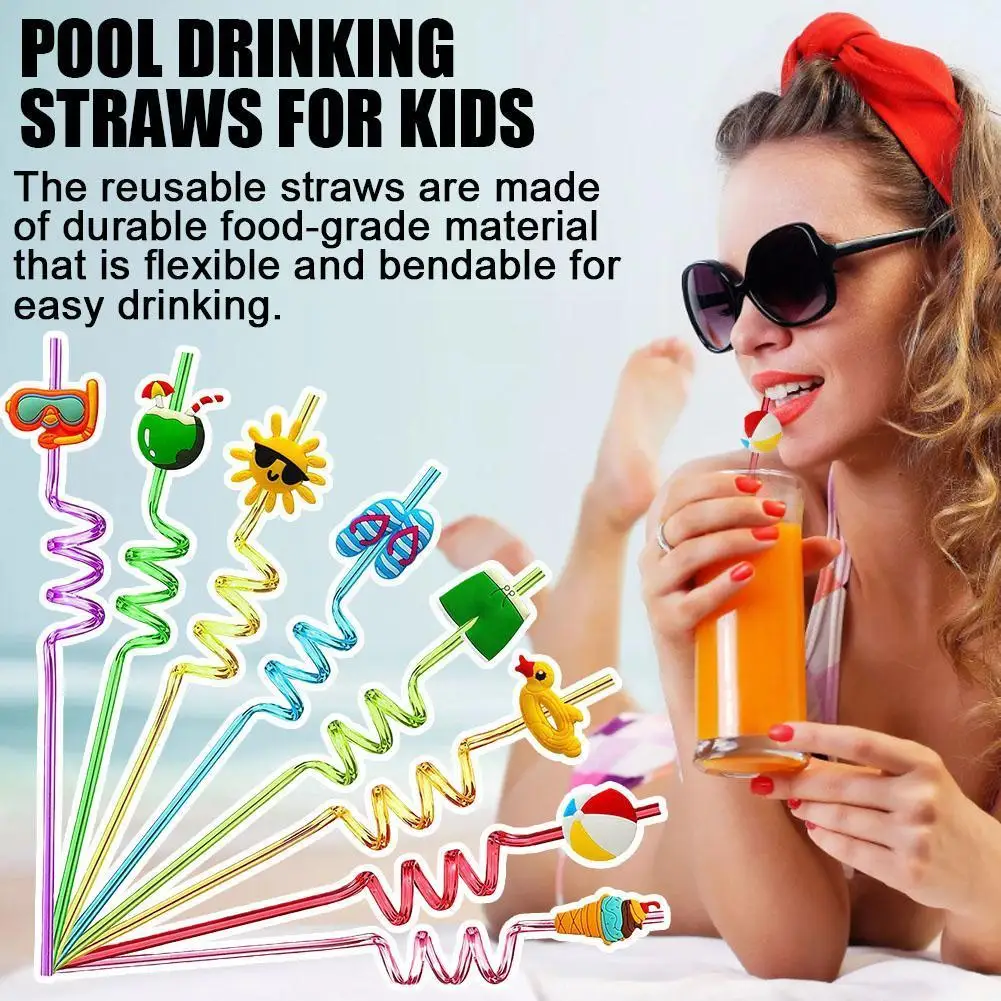 

8/24pcs Summer Pool Drinking Straws Reusable Plastic Design Drinking Party Straw Creative Decor Seaside Birthday Straw Stra Q7I7