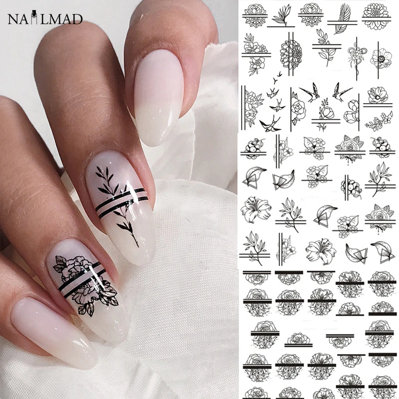 12patterns Black Flower Slider Nail Sticker Flower Water Transfer Decals Nail Art Tattoo Summer Salon Tips Accessories