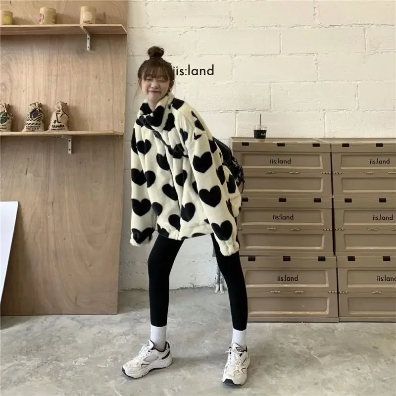 2022 Lamb Fleece Coat Love Lamb Fleece Cotton Coat Autumn and Winter Trend Loose Short Coat  Y2k