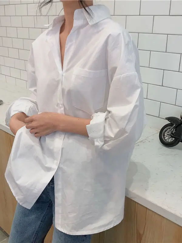 

Женская свободная рубашка с длинным рукавом, белая Свободная рубашка большого размера в гонконгском стиле, модель J3HB в Корейском стиле на весну
