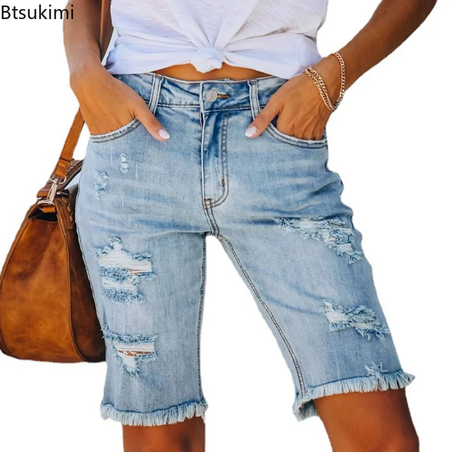 

2023 Summer Ripped Jeans Shorts Women High Elastic Skinny Pants Mid Waist Five Points Pants Women Slim Hole Ladies Casual Shorts