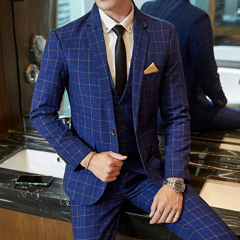 New Men's Casual One-button (suit + Trousers) Business Casual No-ironing Plaid Suit Men's Best Man Suit Two-piece Set M-5XL formal suit