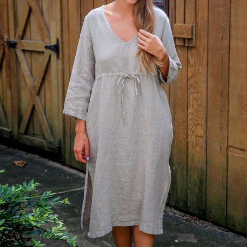 

Женское винтажное платье средней длины, повседневное однотонное платье из хлопка и льна с длинным рукавом, разрезом, V-образным вырезом и поясом на завязках, осень