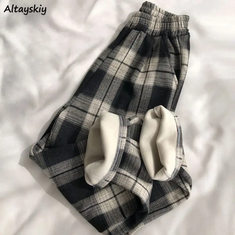 

Plaid Pants Women L-4XL Y2k Trouser Casual Thick High Waist Warm Vintage Streetwear Plus Velvet Comfort Pantalones Korean Style