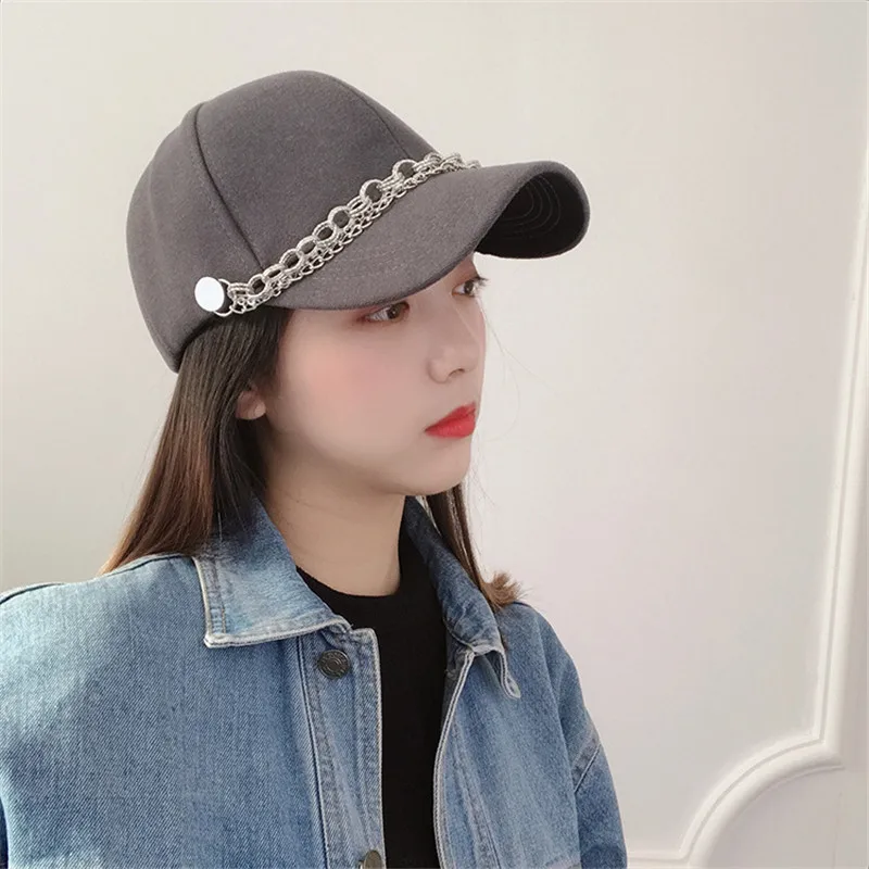 

Autumn And Winter Warm Thick Woolen Baseball Cap Women's Personality Chain Hip-Hop Peaked Hat All-Match Student Street Curvy