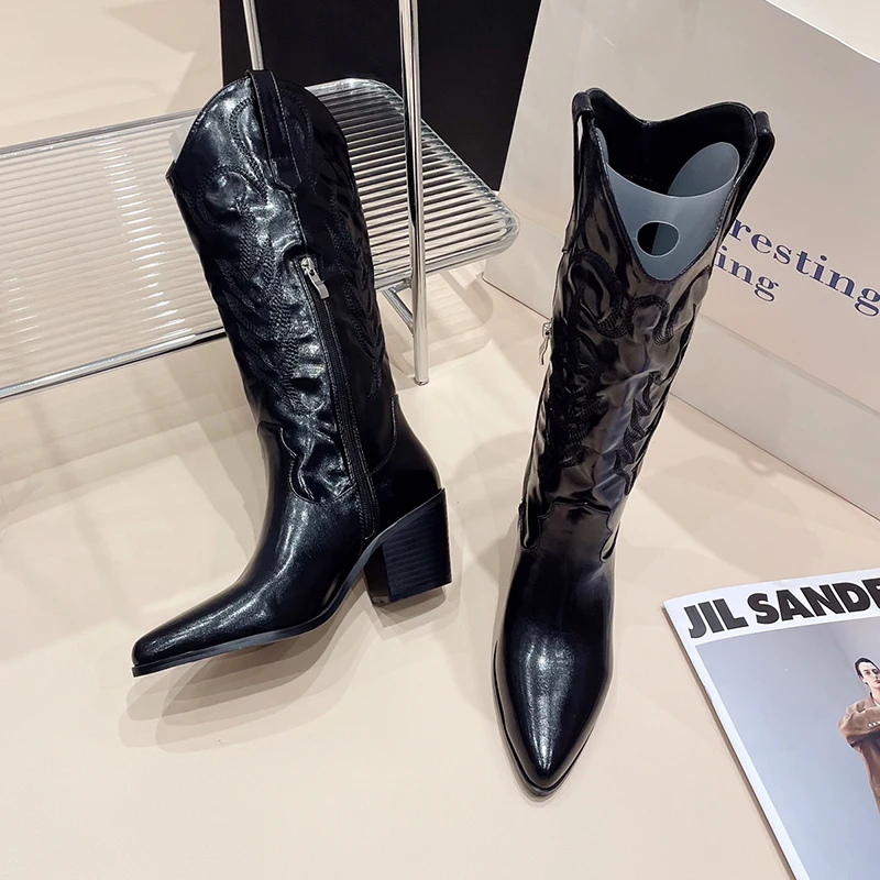 Kcenid Autumn Winter Cozy Sfot Leather Boots High Knee Woman Heels Fashion Handwork Embroidery Ladies Pointed Toe Long Shoes