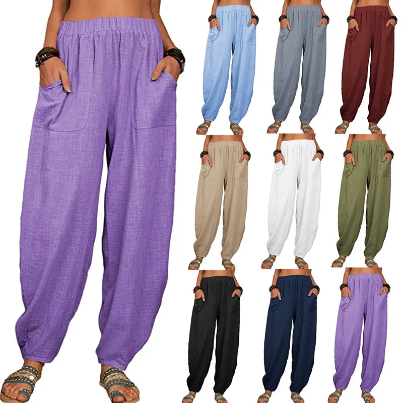 Women Harem Pants Summer Casual Vintage Cotton Linen Elastic Waist Wide Leg Retro Loose Pockets Female Mom Trousers S-5XL
