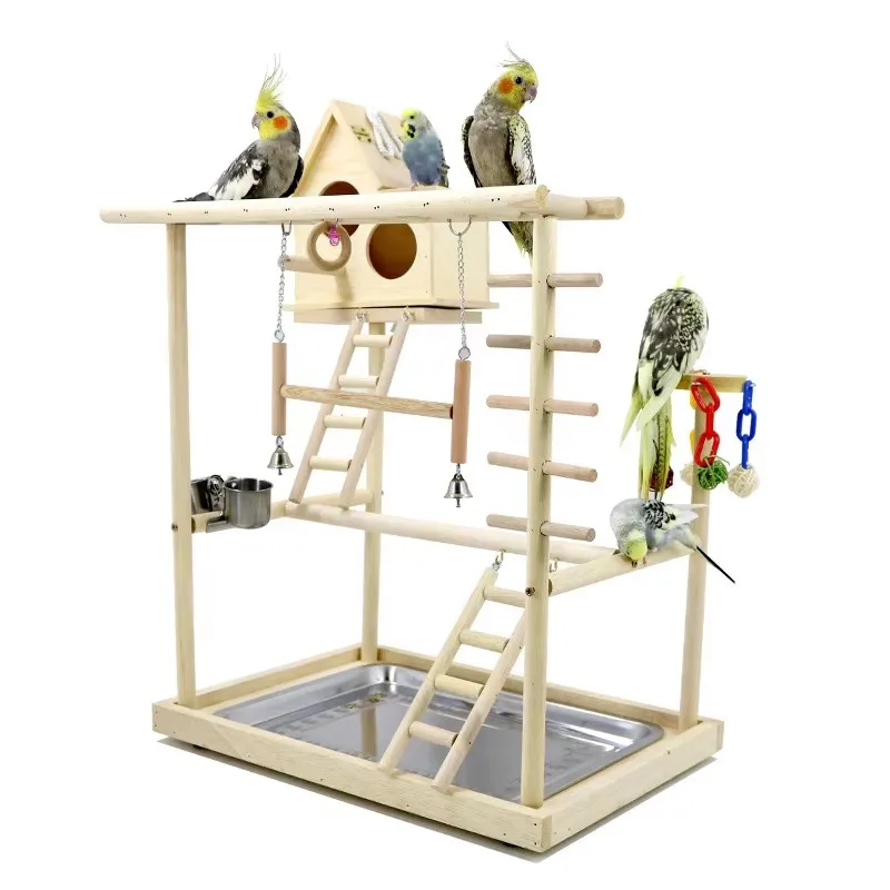 Parrot Solid Wood Game Stand with Bird House Parrot Stand Perch Ladder Toy Bird Swing Playground