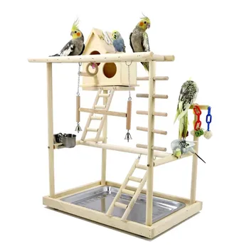 Parrot Solid Wood Game Stand with Bird House Parrot Stand Stand Perch Ladder Toy Bird Swing Playground