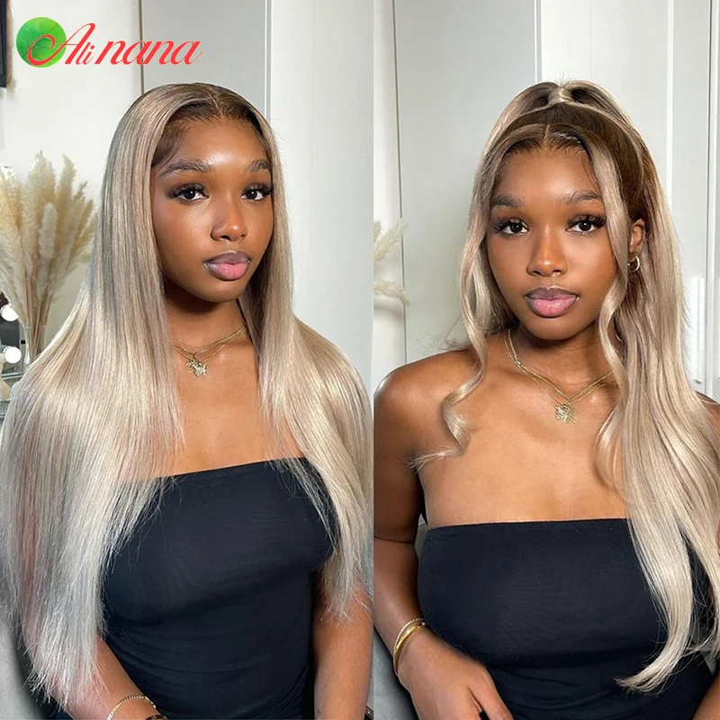 

13X6 Lace Frontal Wig Ombre Ash Blonde With Brown Black Root Colored Straight Body Wave Human Hair Wig For Women 5X5 Closure Wig