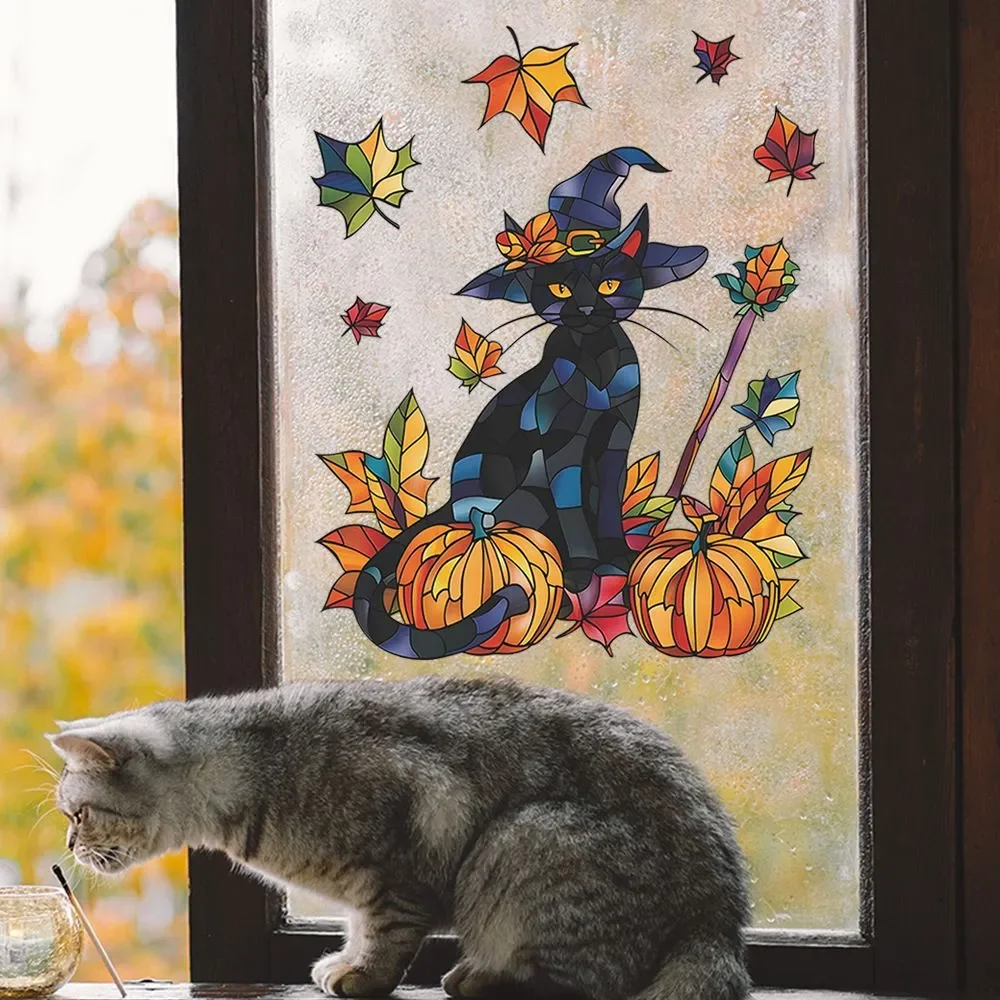 Halloween Cartoon Black Cat Pumpkin Maple Leaf Window Cling Stickers Static Cling Decoration 38x38cm