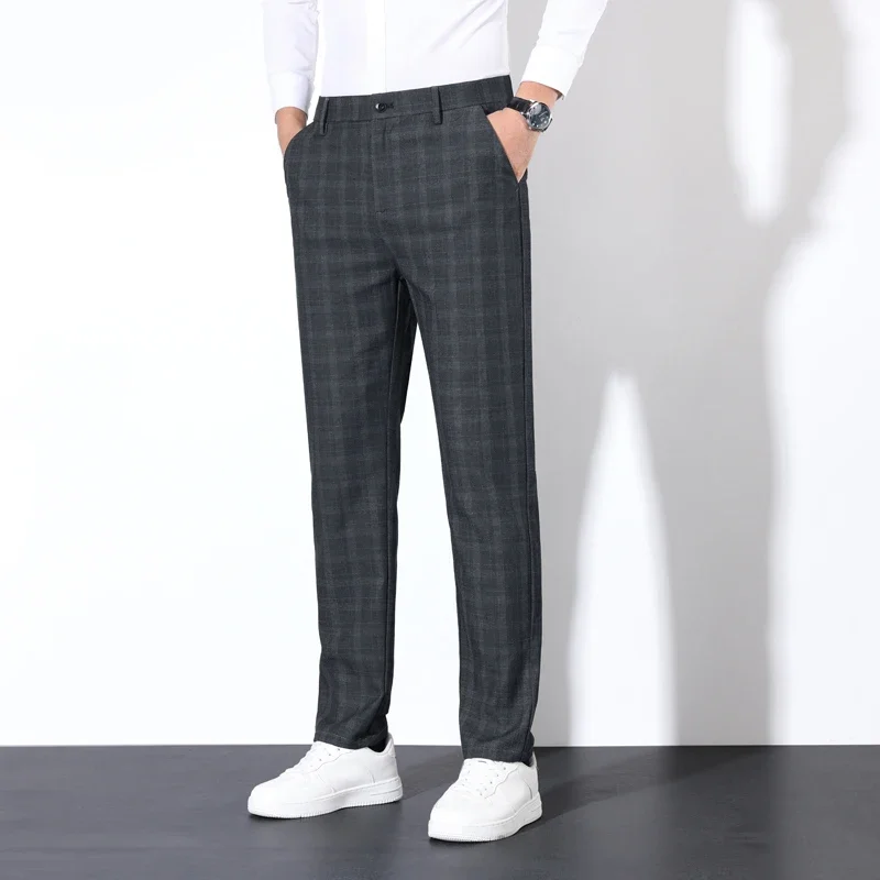 Autumn Winter Men's Plaid Striped Suit Pants Cotton Stretch Straight Business Casual High Quality Classic Fashion Trousers Male