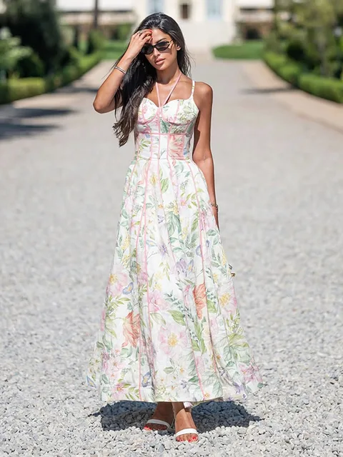 Floral Print Women 's Maxi Dress Spaghetti Strap Corset A Line Long Dresses Female 2026 Summer Fashion Vacation Woman Vestidos 4