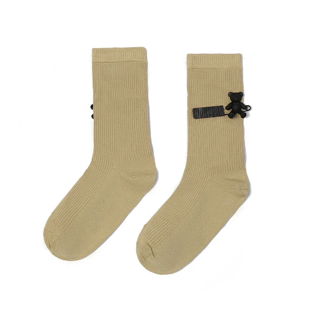 Black and White Pure Color Tube Socks Female Pin Bear Lovely Personality Tide Socks INS Korean Students Long Tube Cotton Socks 13