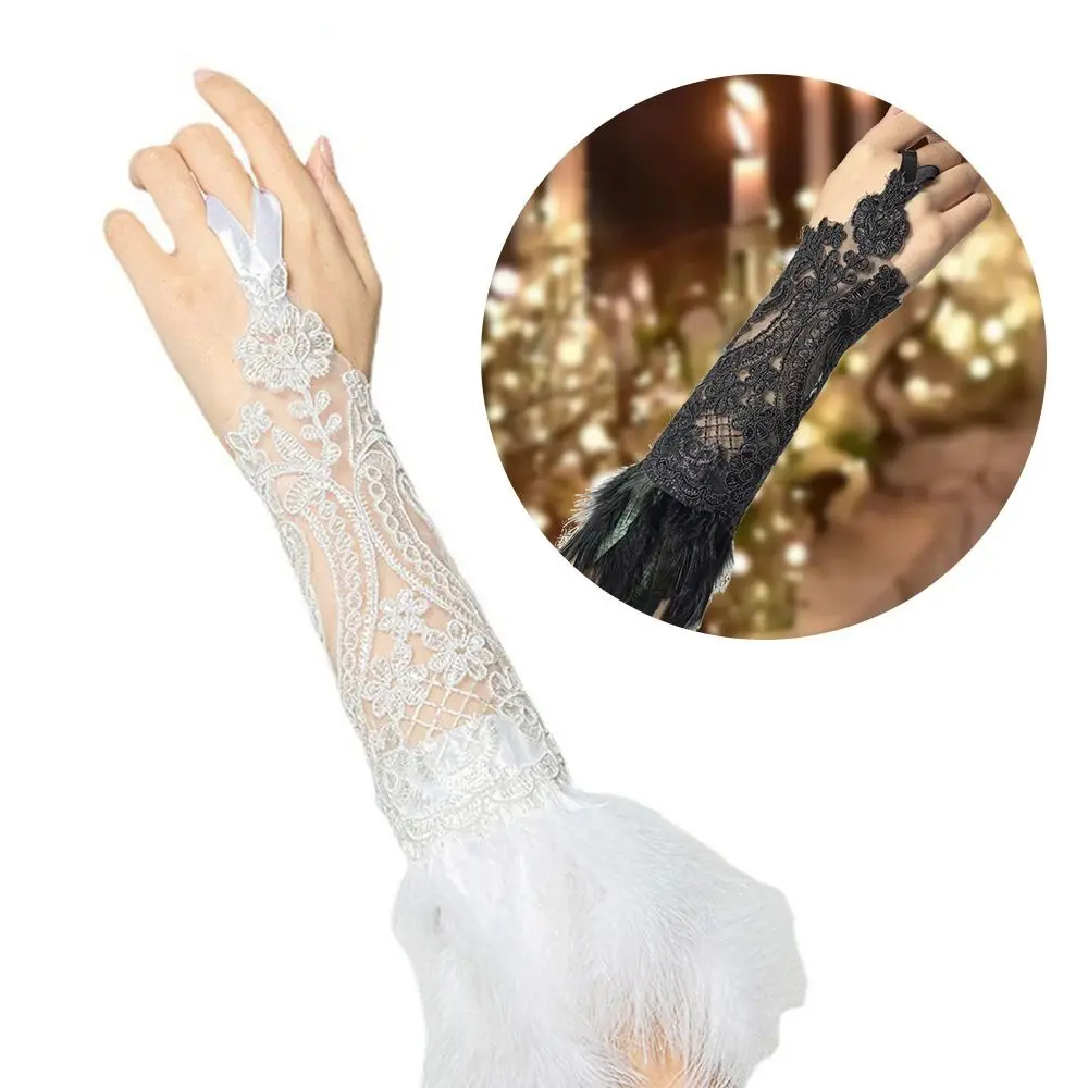 

Carnival Stage Natural Party Accessories Sexy Women Long Gloves Natural Feather Lace Bracelet Fishnet Gloves