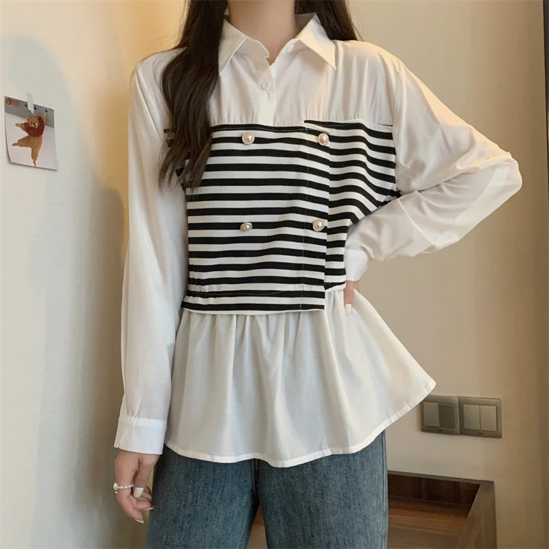 S-4XL Large Size Fake Two-piece Blouses Women 2023 Spring Turn-down Collar Loose Chic Shirt Striped Patchwork Long Sleeve Tops