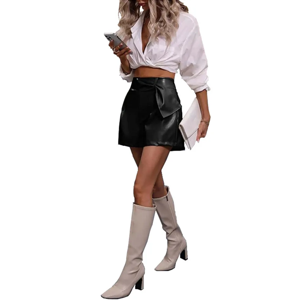Y2K Streetwear PU Leather Black Shorts Women Elegant High Waist Brown A Line Wide Leg Suit Short Sexy Club Slim Hot Short Pants