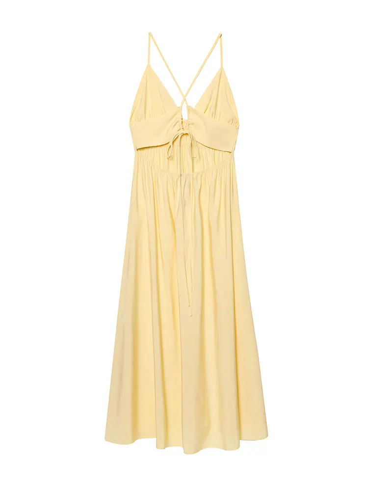 HH Women Elegant Yellow Sleeveless Dress Sexy Backless V-Neck Camisole Long Dresses Fashion Female Party Evening Dress